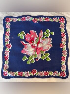 Navy Pink Floral Hankie Handkerchief Vintage 50s 60s Scallop Cottagecore Granny